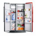 Red Open Refrigerator With Products