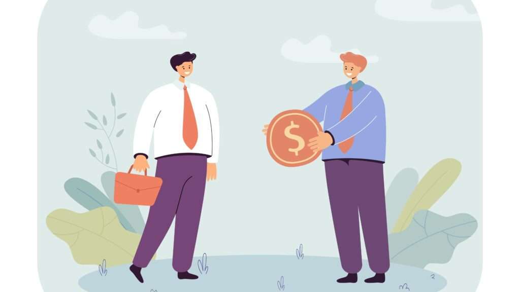 Two men, one holding a coin and the other a dollar sign, symbolizing financial decisions. Image related to an uber worker's claim.